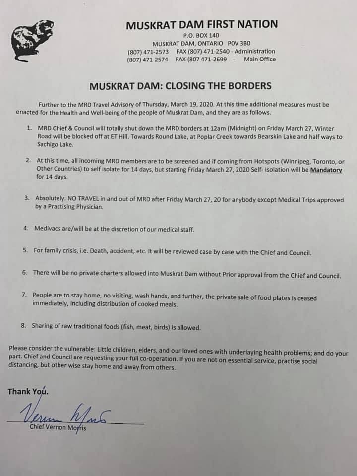 Muskrat Dam First Nation Closing the Borders Nishnawbe Aski Nation