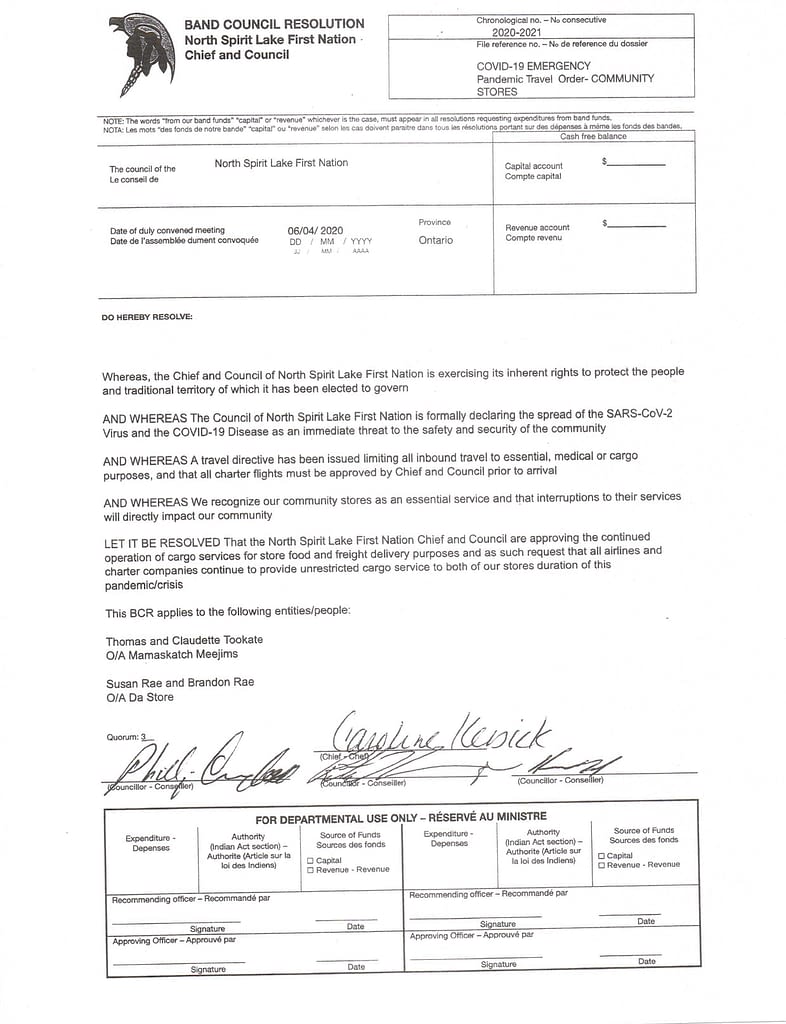 North Spirit Lake First Nation Band Council Resolution Nishnawbe